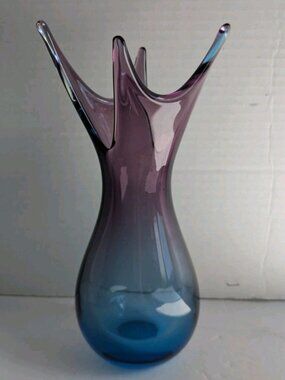 Vintage Art Glass Vase Blue Purple Pulled Rim 10” Hand Blown Sculptural Form MCM